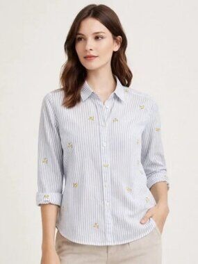 Meters/bonwe pinstripe banana print button up shirt blue, white women's size XXL